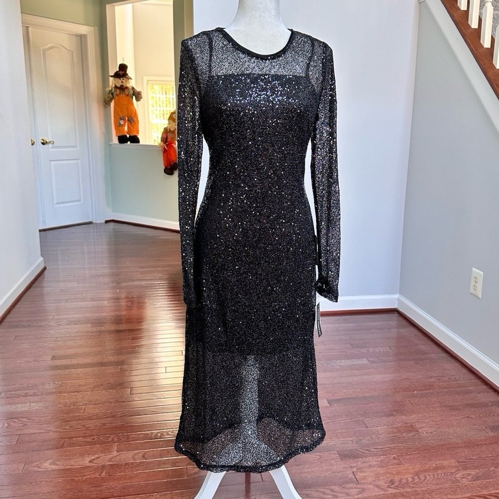 Nordstrom Donna Morgan Fully Sequin Black Glitter Sheer Cocktail Midi Dress NWT